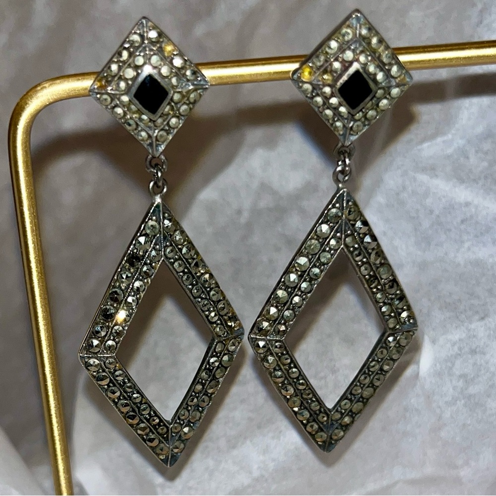 Vintage Marcasite Silver tone and Black Dangle Earrings
